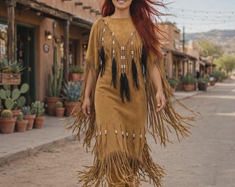 Vestido feminino em camurça bege - Vestido com franjas estilo indígena - Vestido feminino estilo faroeste com franjas - Vestido boho bege - Traje para powwow