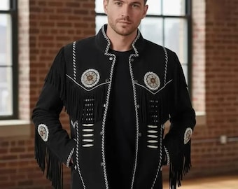 Jaqueta masculina de couro preto com franjas, estilo cowboy ocidental, casaco de couro com inspiração indígena, jaqueta bordada à mão com miçangas.