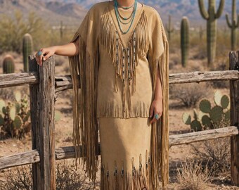 Vestido feminino com franjas para powwow | Vestido com franjas de inspiração indígena | Vestido de camurça estilo western | Vestido tribal feminino | Vestido boho western