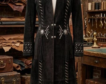 Casaco longo estilo western feminino em camurça preta | Casaco longo de estilo cowgirl com tachas | Casaco estilo western com conchos