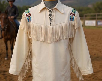 Jaqueta masculina de couro branco com franjas, camisa de cowboy estilo faroeste, jaqueta de camurça com franjas feita à mão, roupa de rodeio