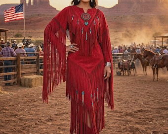 Vestido feminino vermelho de camurça com franjas - Vestido vermelho com aplicações de miçangas inspirado na cultura indígena - Vestido de noiva vermelho estilo faroeste - Vestido vermelho de cowboy com franjas - Traje para powwow