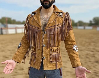 Jaqueta masculina estilo western com franjas, casaco de couro camurça marrom, jaqueta artesanal para rodeio e festivais.