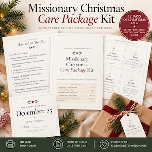 May include: A printable Missionary Christmas Care Package Kit featuring instructional pages, gift tags, and box labels. The documents include text such as How to Use This Kit, 12 Days of Christmas Tags, and a December 25 label, all on white paper.