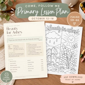 May include: A printed lesson plan titled Beauty for Ashes for October 12-18, featuring a detailed schedule, scripture references, and a materials list, alongside a black and white coloring page depicting a sun, flowers, and a cloud.