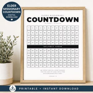 Può includere: Un grafico per il conto alla rovescia di un missionario incorniciato con sfondo bianco e testo nero. Presenta una griglia di 104 caselle numerate, una barra nera con l'etichetta HALFWAY THERE e il testo biblico Be strong and of a good courage: for the Lord thy God is with thee whithersoever thou goest. Joshua 1:9.