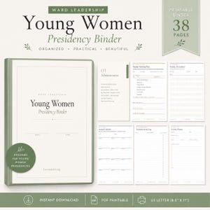 Peut inclure: Un classeur de présidence Young Women vert sauge et blanc avec 38 pages imprimables. La couverture porte le texte Young Women Presidency Binder, et l'ensemble comprend des modèles administratifs, de réunion, de présence et de calendrier.