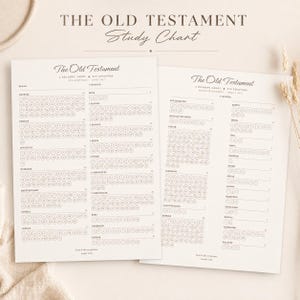 Puede incluir: Dos hojas de papel blancas tituladas The Old Testament Study Chart, que presentan una tabla de lectura con círculos numerados para cada capítulo. El texto incluye nombres de libros como Génesis, Éxodo y Levítico, organizados sobre un fondo beige.