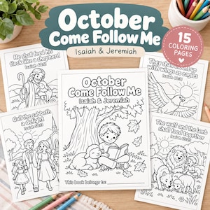 Puede incluir: Un conjunto de páginas para colorear en blanco y negro tituladas October Come Follow Me Isaiah & Jeremiah. Las páginas incluyen ilustraciones de un niño leyendo bajo un árbol con un cordero, un pastor, un águila, una familia y un león, 15 páginas.