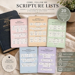 Op de afbeelding: Vijf rechthoekige kaarten met pastelkleurige achtergronden met schrifttekstlijsten voor lessen 1 tot 4. De kaarten bevatten titels zoals The Restoration, The Plan of Salvation, The Gospel of Jesus Christ en Becoming Lifelong Disciples.