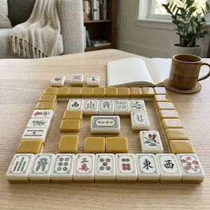 May include: A Mahjong set arranged on a wooden surface, featuring cream-colored tiles with mustard yellow backs. The tiles display various traditional symbols, characters, and illustrations in red, green, and black ink, including one tile labeled SOAP.