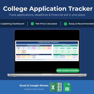May include: A digital college application tracker displayed on a laptop screen. The interface features an auto-updating dashboard, net price calculator, and essay tracker. It includes sections for application status, financial snapshots, and deadlines.