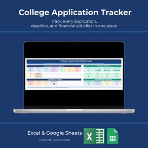 May include: A digital college application tracker displayed on a laptop screen. The dashboard features sections for application status, financial snapshot, upcoming deadlines, and recommendation status with numerical data in blue, green, and orange.