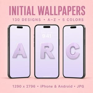May include: Three smartphones displaying light purple screens with the letters A, R, and C in a glossy finish. Text at the top reads INITIAL WALLPAPERS 130 DESIGNS A-Z 5 COLORS. Bottom text reads 1290 x 2796 iPhone & Android JPG.