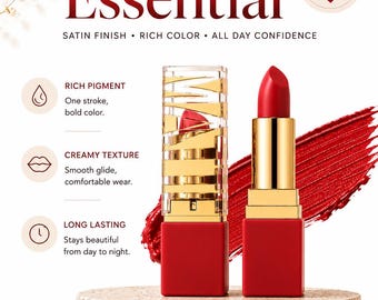 Rouge à lèvres rouge au fini satiné, maquillage longue tenue à la texture crémeuse, indispensable au quotidien