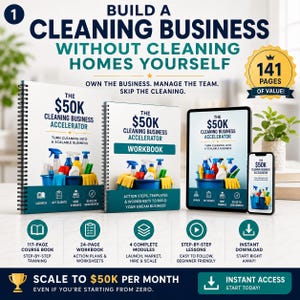 Puede incluir: Una guía de negocios digital y física titulada The $50K Cleaning Business Accelerator, que incluye un libro de curso, un cuaderno de trabajo y una tableta. Las portadas muestran artículos de limpieza en un cubo azul con texto.