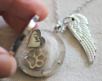 Personalised Pet Hair Remembrance Locket, Silver Paw Print Pendant, Large Angel Wing Keepsake Necklace