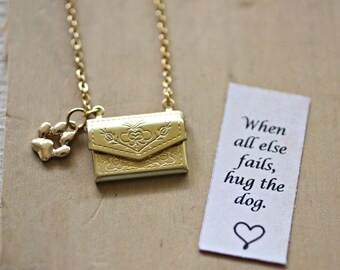 When All Else Fails, Hug The Dog Envelope Necklace, Gold Envelope Locket, Dog Paw necklace, Dog Loss Memorial Keepsake, Pet Memorial Jewelry