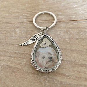 Könnte beinhalten: Ein silberner tropfenförmiger Anhänger-Schlüsselanhänger mit einem Foto eines weißen Hundes im Inneren. Der Anhänger ist mit Strasssteinen besetzt und hat einen kleinen silbernen Engelsflügel-Anhänger. Der Anhänger hat auch einen kleinen Herz-Anhänger mit der Gravur "Bear" darauf.