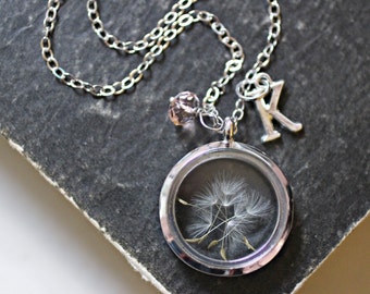 Dandelion Necklace, Floating Charm Locket, Glass Circle Dandelion Stainless Steel Necklace, Personalised Necklace, Wish Necklace, Mom Gift