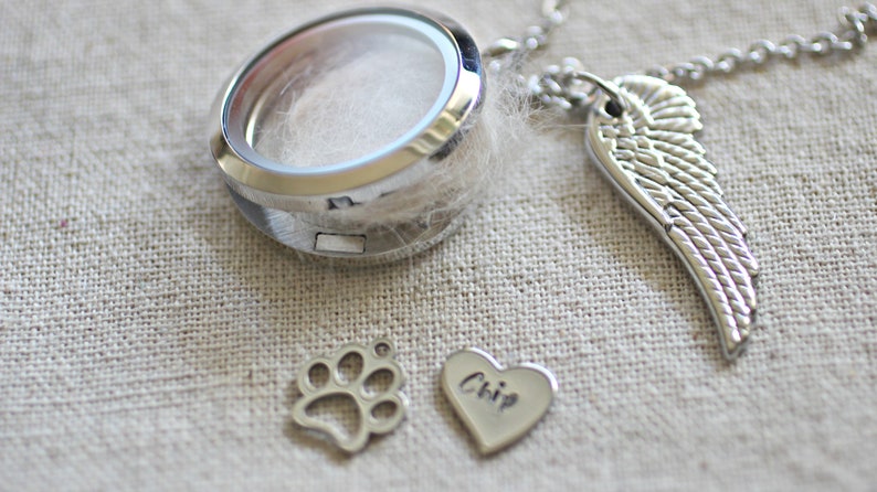 Lock of Hair Necklace Personalised pet memorial gift Floating Charm Memory Locket Fur Ashes Dog Keepsake Loss of a Pet Pet loss Necklace