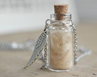 Pet Fur Keepsake Bottle Necklace, Custom Glass Vial Memorial, Angel Wing Sympathy Jewellery