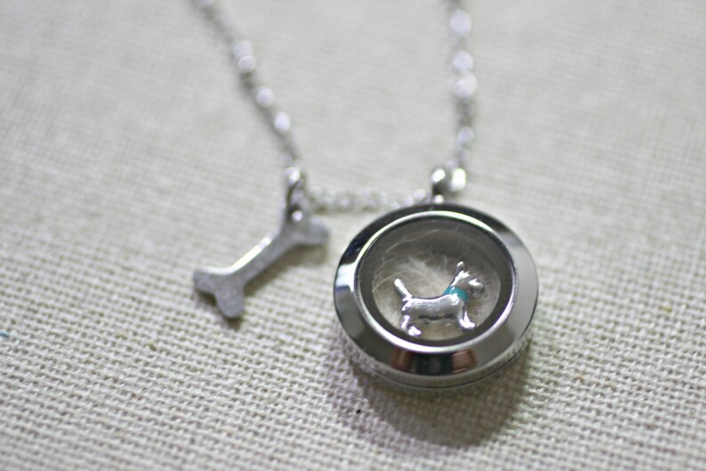 May include: Silver necklace with a locket charm featuring a small dog silhouette and a bone charm. The locket is open and has a clear glass window.