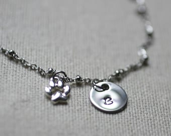 Paw Print Necklace, Stamped Initial Charm Disc, Pet Memorial Jewelry, Dog Memorial, Dog Keepsake Necklace, Pet Loss Gifts, Loss of a Dog