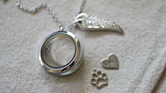 Lock of Hair Necklace Personalised pet memorial gift Floating Charm Memory Locket Fur Ashes Dog Keepsake Loss of a Pet Pet loss Necklace