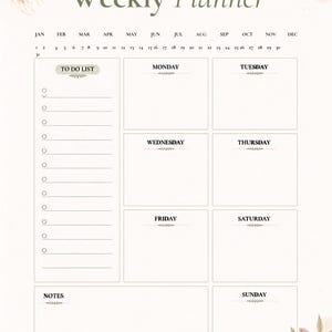 Puede incluir: Una plantilla de planificador semanal con fondo beige e ilustraciones botánicas en las esquinas. El diseño incluye un calendario mensual, una columna de lista de tareas con casillas de verificación y secciones para cada día de la semana.
