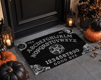 Zerbino di Halloween con tavola degli spiriti, zerbino con pentagramma gotico, decorazione nera da strega per la porta, accento occulto spettrale per la casa