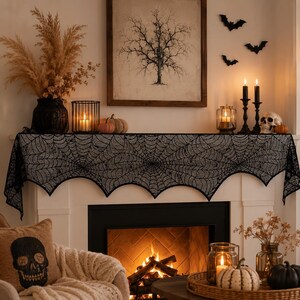 Kaminsims-Schal aus Spinnennetz-Spitze, schwarze Halloween-Kaminabdeckung, gotischer Tischläufer, Hexennetz-Deko, gruselige Wohnaccessoires
