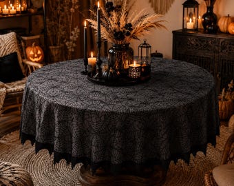 Round Spiderweb Tablecloth, Halloween Lace Table Cover, Gothic Dining Decor, Witchy Party Tablecloth, 72.8 Inch