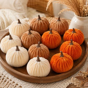 12-pack minipumpor i sammet, höstbordsdekoration, orange krämfärgade taupe plyschpumpor, Thanksgiving-bordsdekoration, höstheminredning