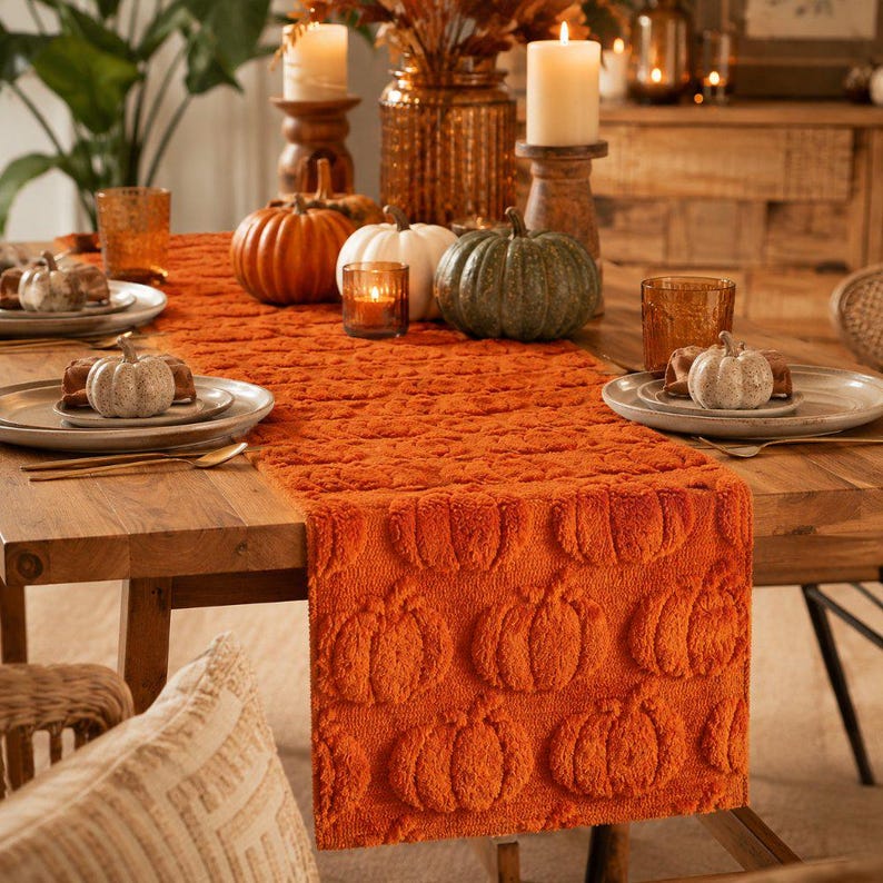Orange Pumpkin Table Runner, Tufted Cotton Fall Table Decor, Embroidered Thanksgiving Runner, Farmhouse Autumn Dining Decor image 3