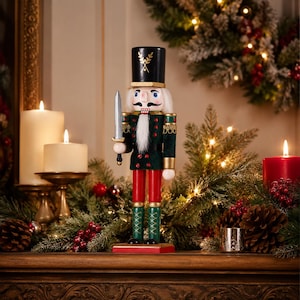 May include: A wooden nutcracker figurine wearing a black hat with a gold wheat emblem, a dark green jacket with gold trim and red buttons, and red trousers. The figure has a white beard, holds a silver sword, and stands on a red base.