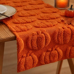 Orange Pumpkin Table Runner, Tufted Cotton Fall Table Decor, Embroidered Thanksgiving Runner, Farmhouse Autumn Dining Decor image 2