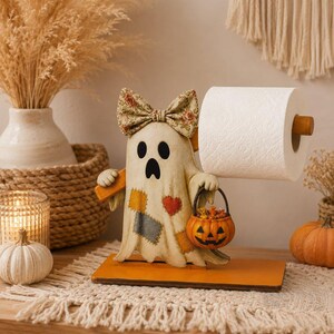 Puede incluir: Un soporte para papel higiénico con forma de fantasma color crema, con un lazo floral, parches de tela coloridos y un pequeño cubo de calabaza naranja. El fantasma se apoya en una base rectangular naranja y sostiene un eje de madera.