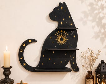 Black Cat Wall Shelf, Celestial Wooden Cat Decor, Moon Phase Shelf, Witchy Gothic Home Decor, Cat Lover Gift