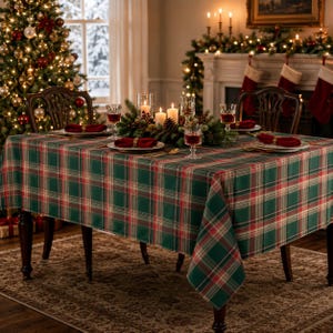 Puede incluir: Un mantel rectangular con un patrón de cuadros clásico en verde, rojo y blanco. La tela cubre una mesa de comedor dispuesta con platos, servilletas rojas, cristalería transparente y un centro de mesa festivo con velas encendidas.