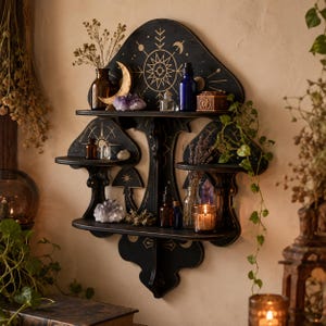 Wandplank met zwarte paddenstoelen, houten displayplank met heksenachtige kristallen, gotische boho hemelse decoratie, Halloween wandaccent
