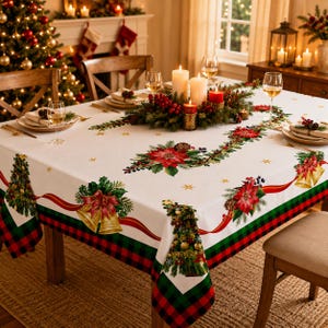 Vit julduk, julstjärneduk, festlig polyesterduk, juldekoration