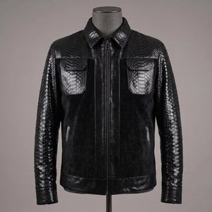 Handmade Mens Luxury Suede Leather Python Embossed Black Trucker Jacket Classic Outerwear