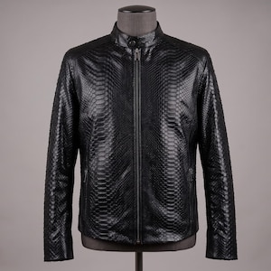 Handmade Mens Black Python Embossed Leather Cafe Racer Jacket Luxury Motorcycle Zip Coat