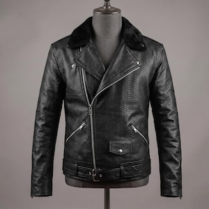 Handmade Mens Black Genuine Lambskin Leather Python Embossed Motorcycle Jacket Outerwear