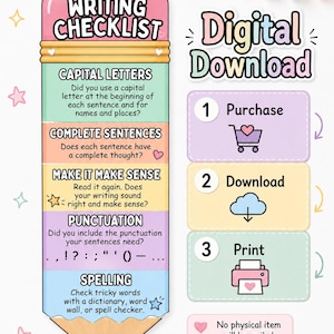 Può includere: Una lista di controllo per la scrittura a forma di matita con sezioni pastello etichettate Capital Letters, Complete Sentences, Make It Make Sense, Punctuation e Spelling. Accanto, una guida Digital Download mostra i passaggi per acquisto, download e stampa.
