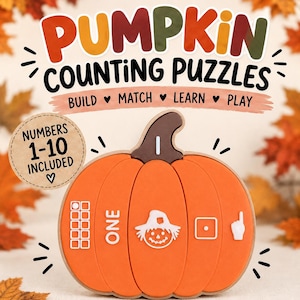 Könnte beinhalten: Ein kürbisförmiges Zählpuzzle mit braunem Stiel und orangefarbenen Segmenten. Das Puzzle zeigt das Wort ONE, ein Vogelscheuchen-Symbol, einen Punkt, einen Finger, der bis eins zählt, und ein Zehnerfeld mit einem Punkt. Text: PUMPKIN COUNTING PUZZLES.