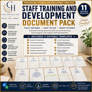 Puede incluir: Un paquete de documentos titulado Staff Training and Development Document Pack de Care Compliance Hub. Incluye 11 plantillas editables, como un registro de formación de empleados, un registro de asistencia y un análisis de necesidades.