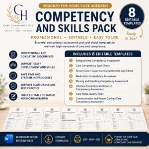 May include: A digital competency and skills pack for home care agencies featuring eight editable templates including safeguarding, medication, and infection control assessments. The document set includes professional forms for staff development and compliance.