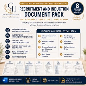 Puede incluir: Un paquete de documentos de contratación e inducción con ocho plantillas de Word editables. El gráfico muestra el logotipo de Care Compliance Hub, una lista de ocho títulos de documentos y una vista previa de los formularios, incluida una guía de entrevista.